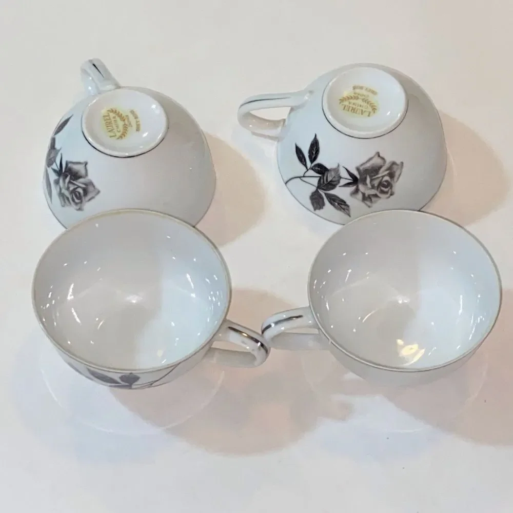 Laurel China & Japan Grey  Rose Chic White Teacups with Black Floral Design Set4